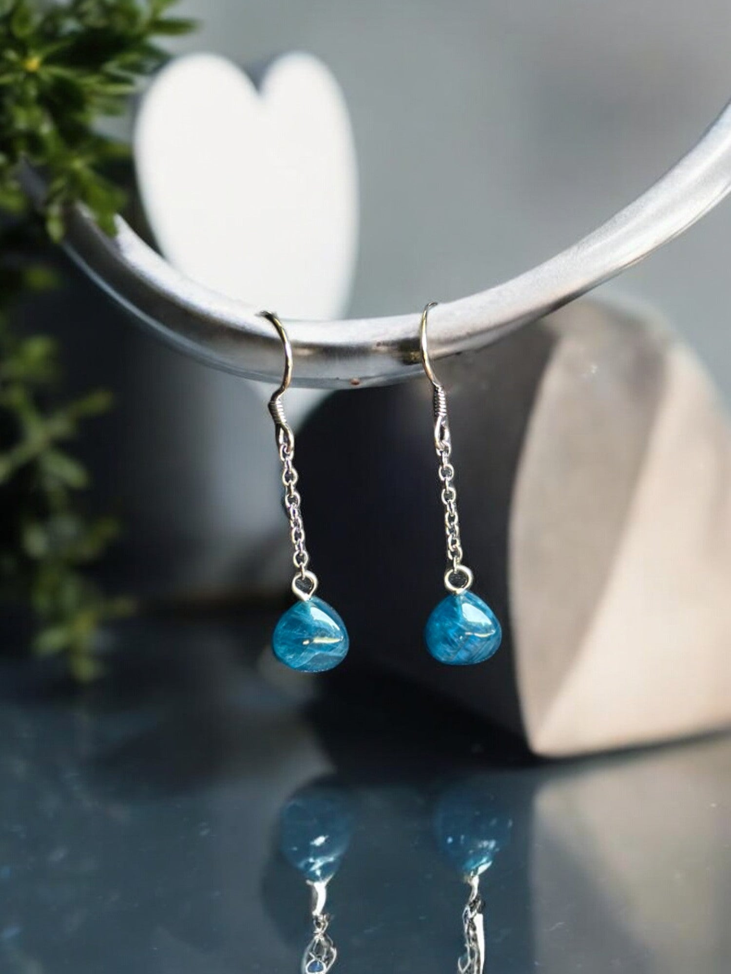 Blue apatite crystal heart gemstone earrings