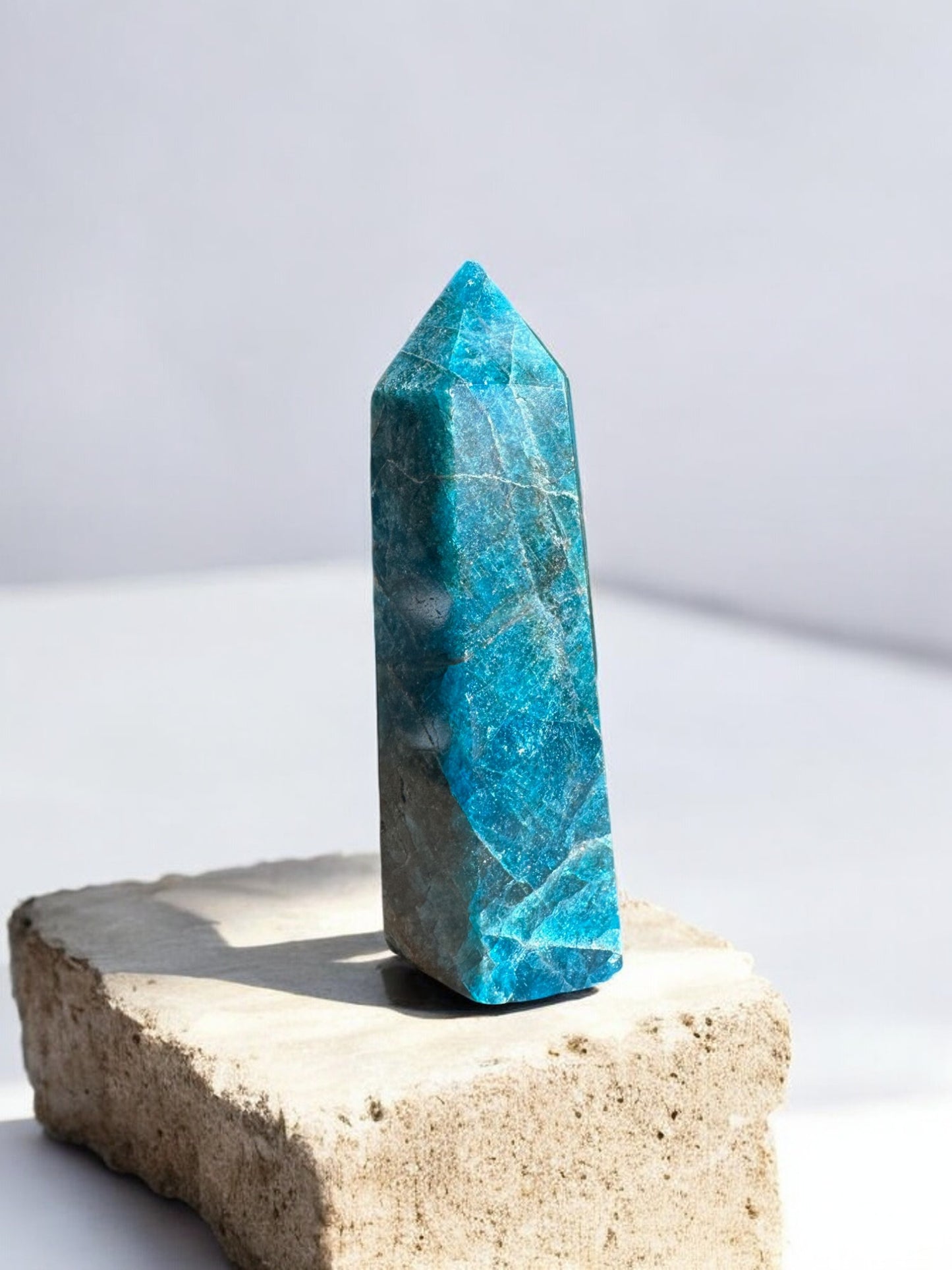 Blue apatite crystal point