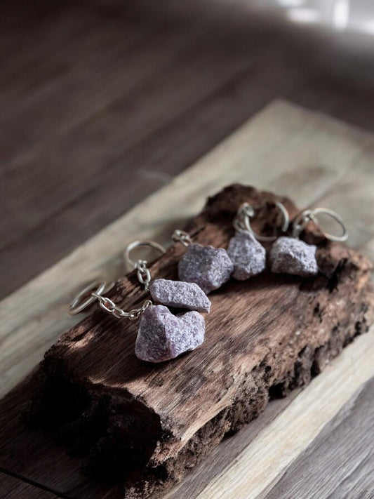 Lepidolite key chains on a wood