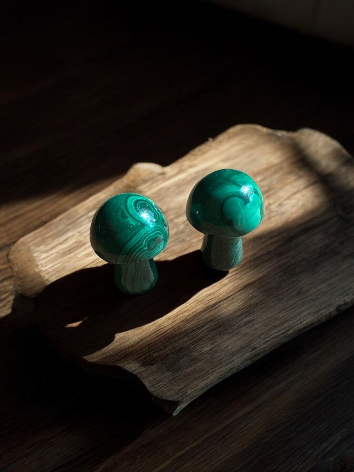 Malachite mushroom crystal figurines on a slab