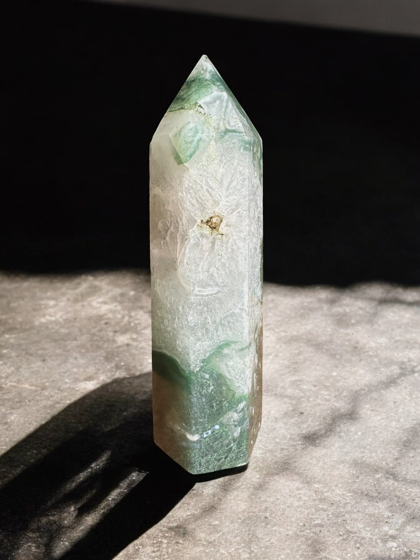 Moss agate crystal tower with quartz inclusion