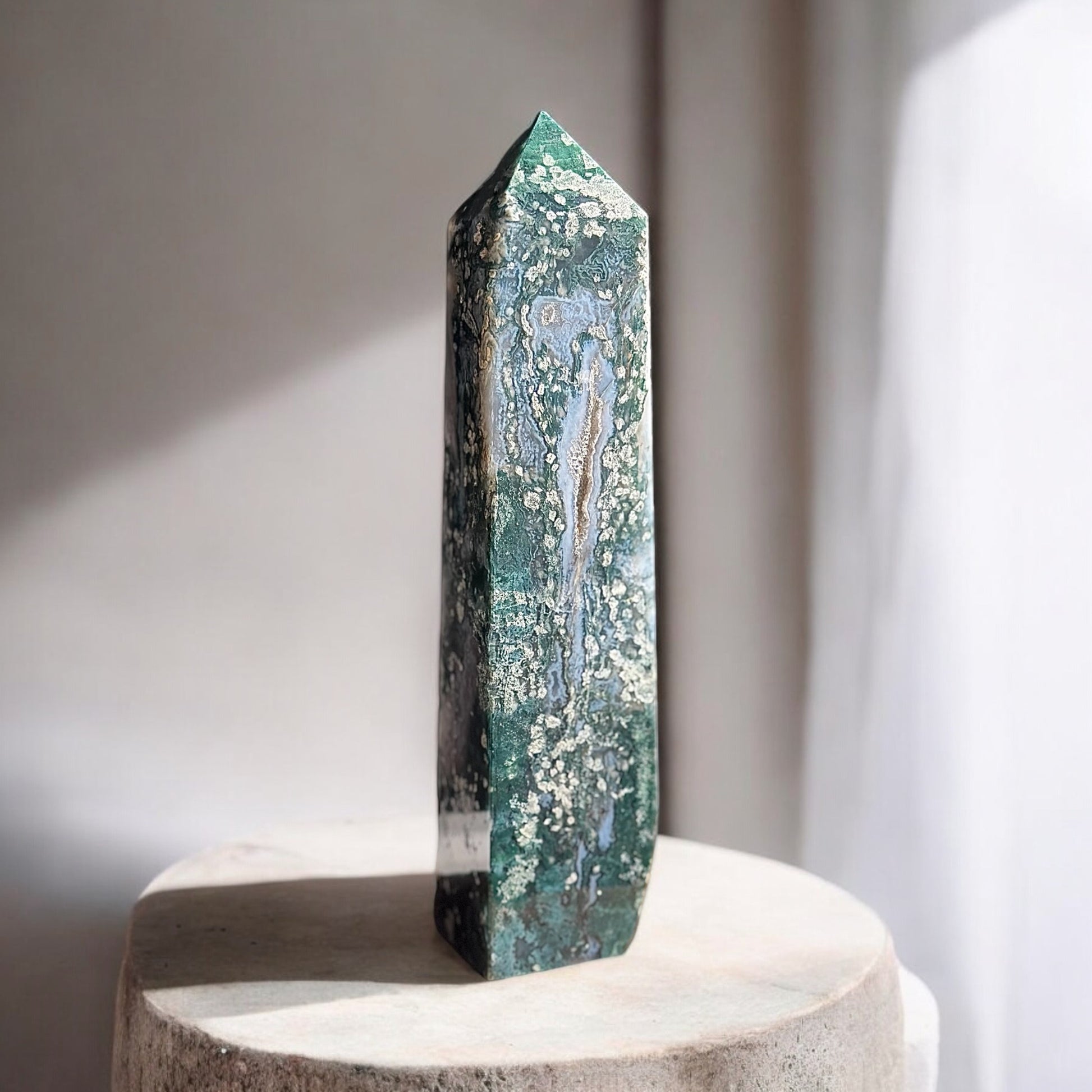 Moss agate tall crystal tower