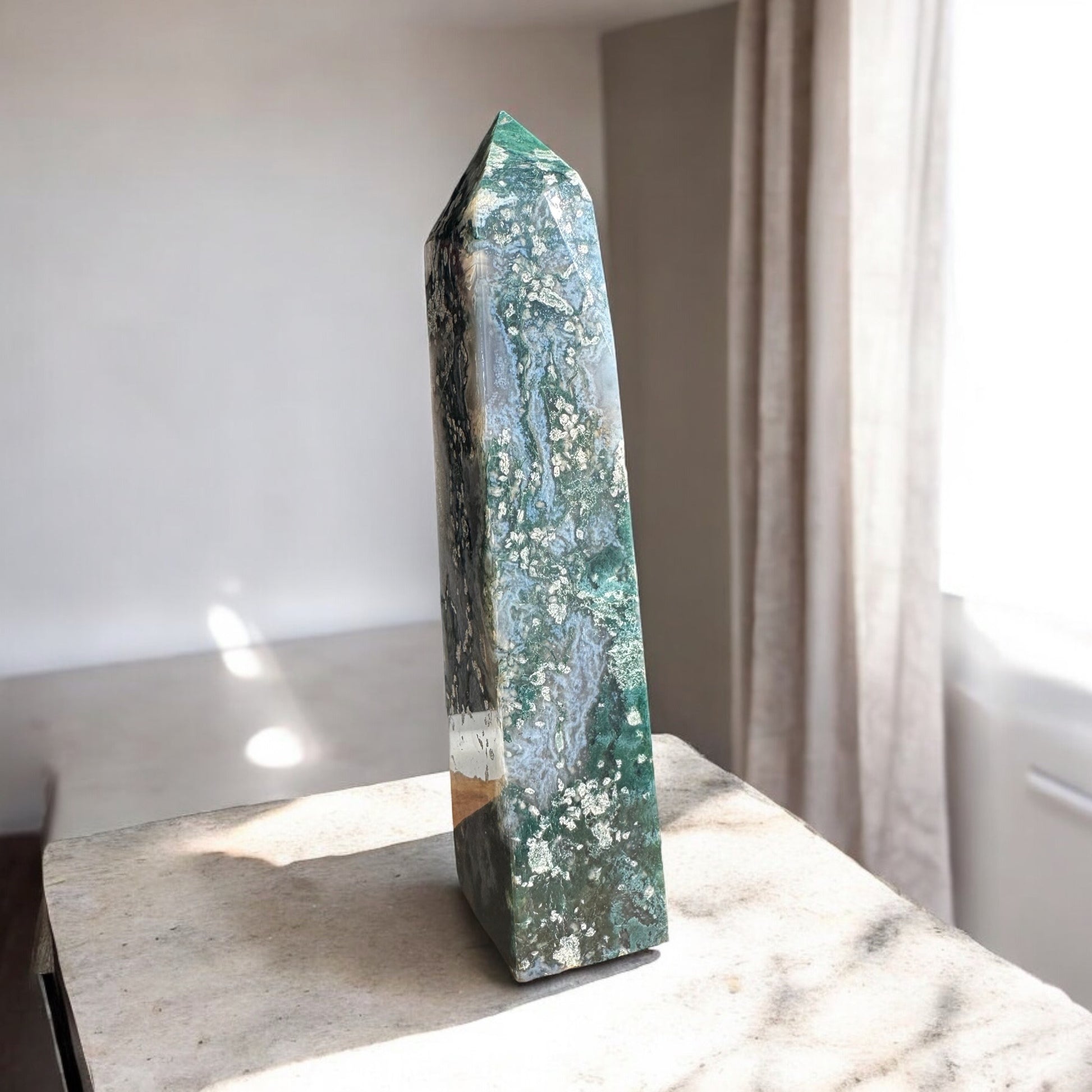 Moss agate tall crystal tower back side