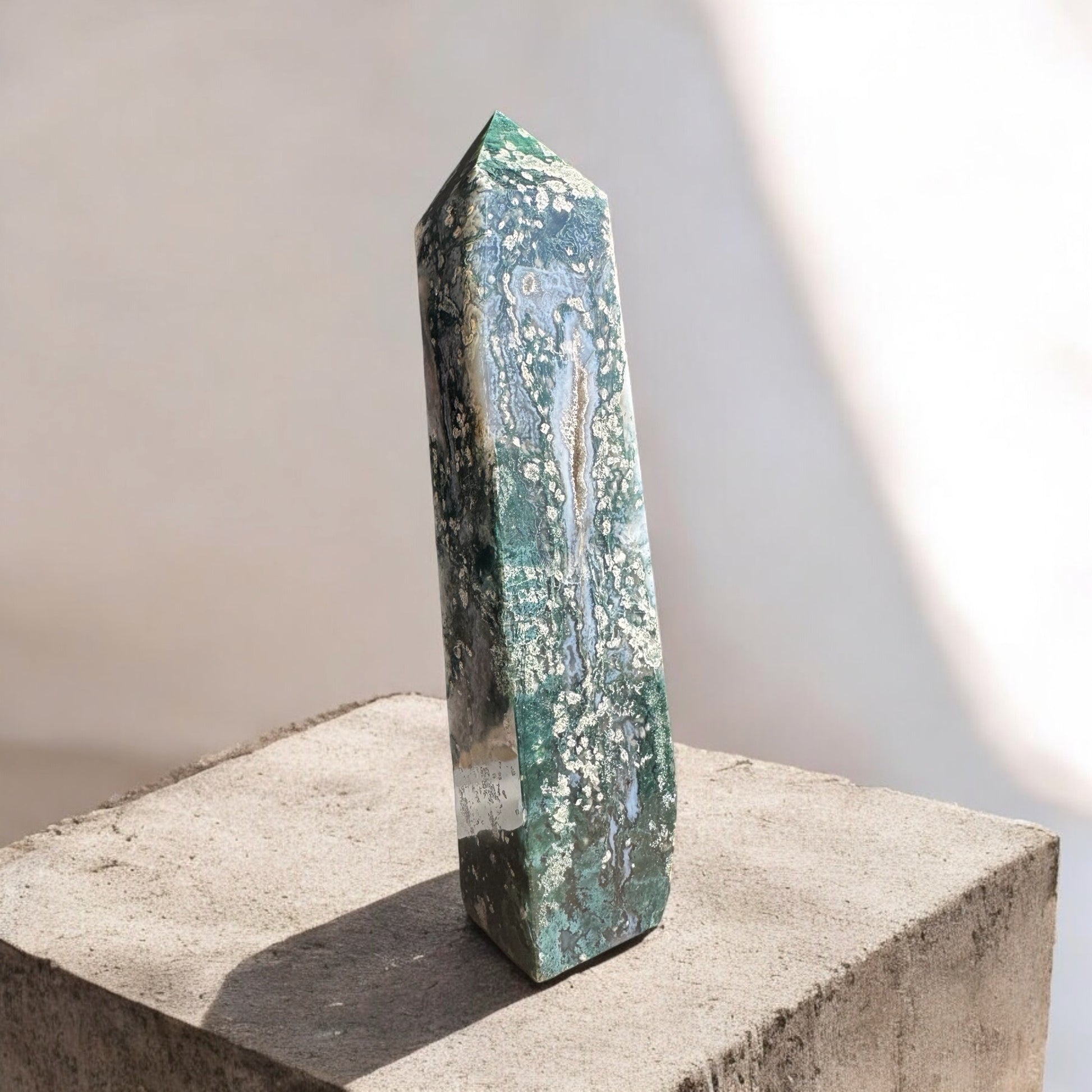 Moss agate tall crystal tower with druzy