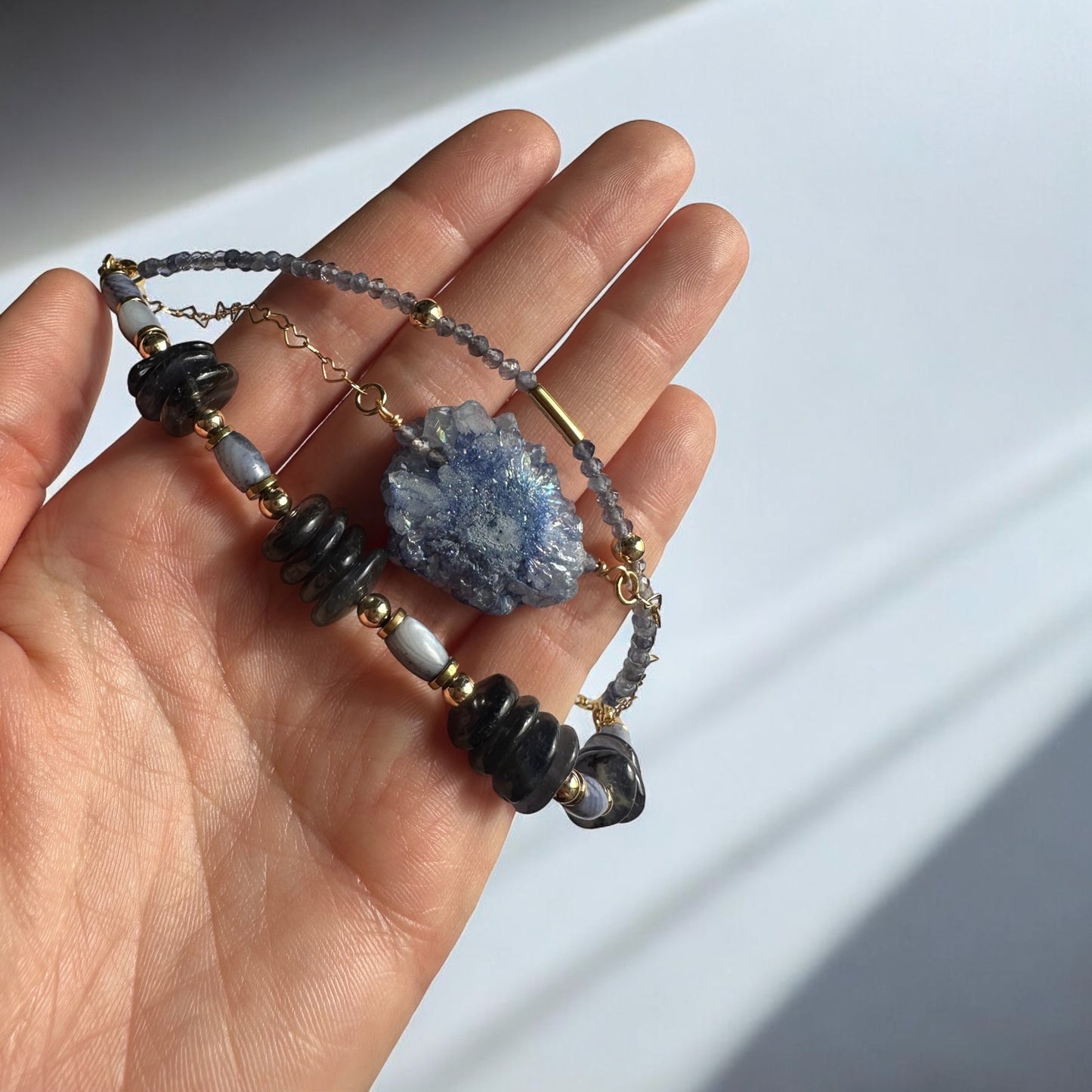 Iolite, Druzy Agate, Shell crystal bracelet