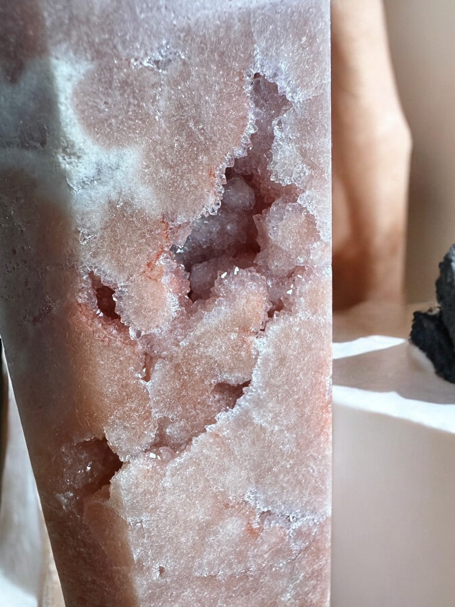 Pink amethyst tall crystal point with druzy