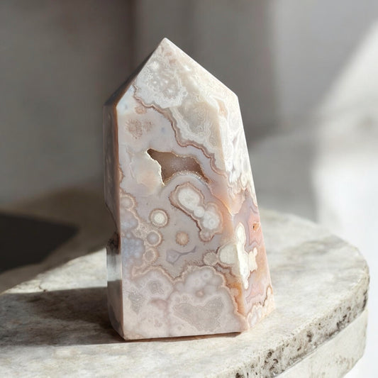 Pink flower agate crystal tower