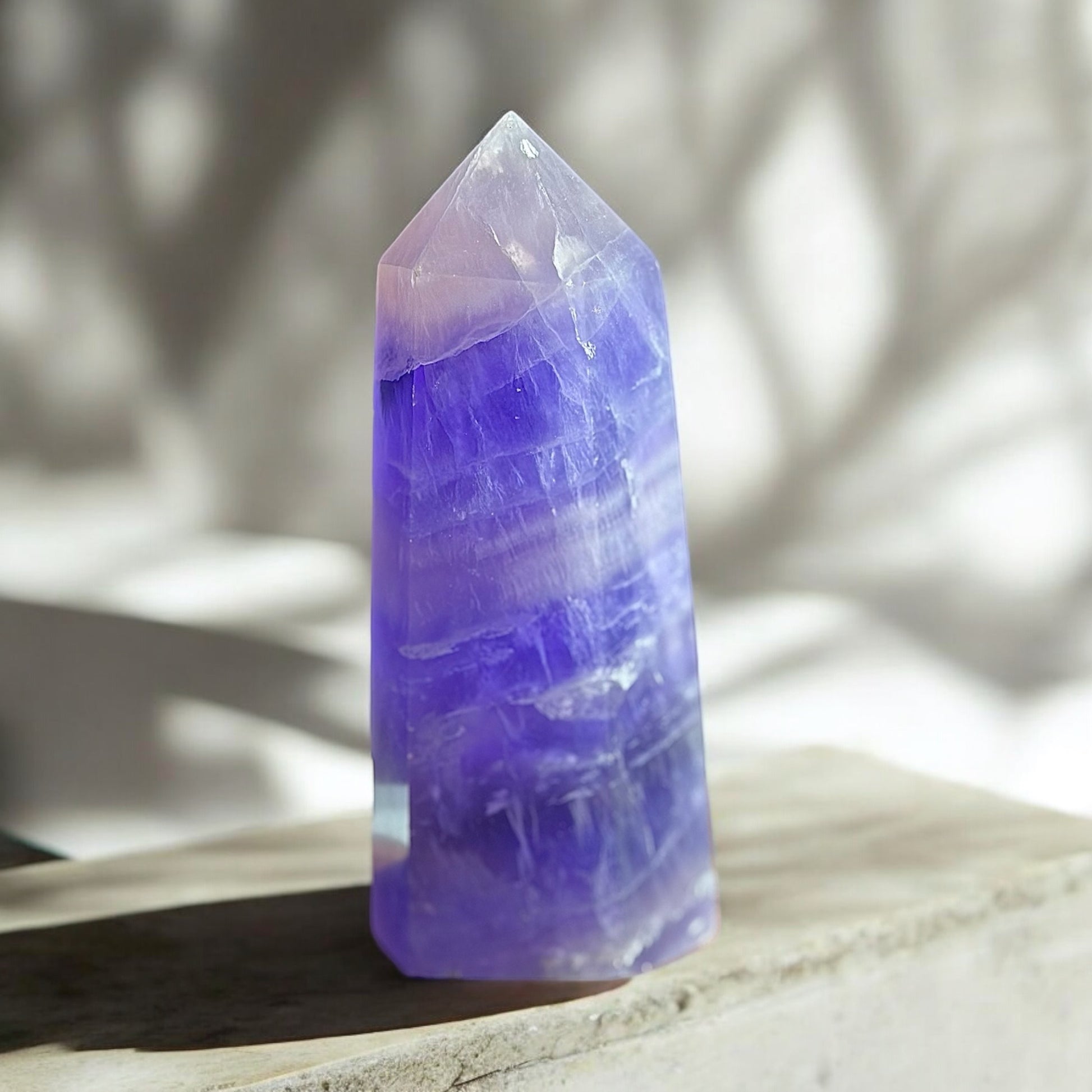 Purple fluorite crystal tower close view