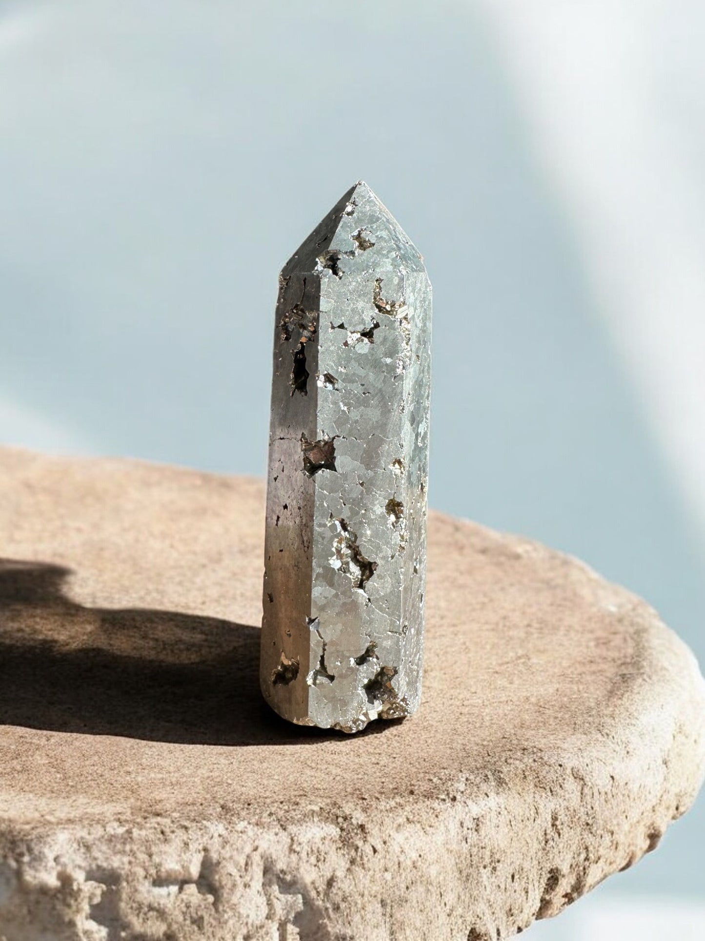 Pyrite crystal tower Y25 front view