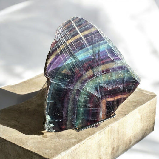 Rainbow fluorite crystal slab