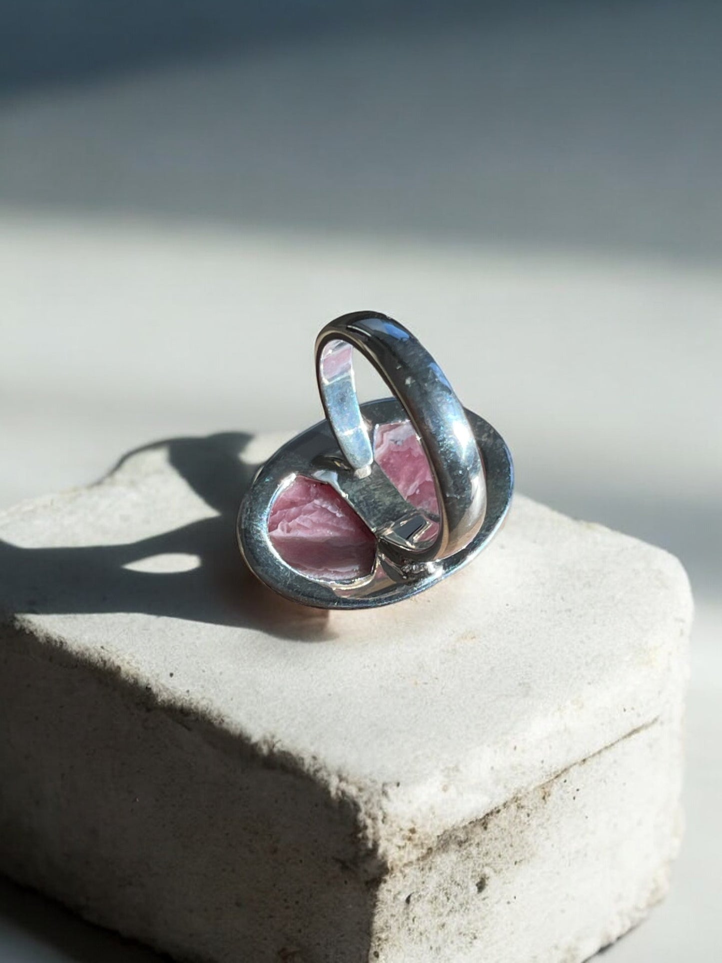 Rhodochrosite crystal ring underside view