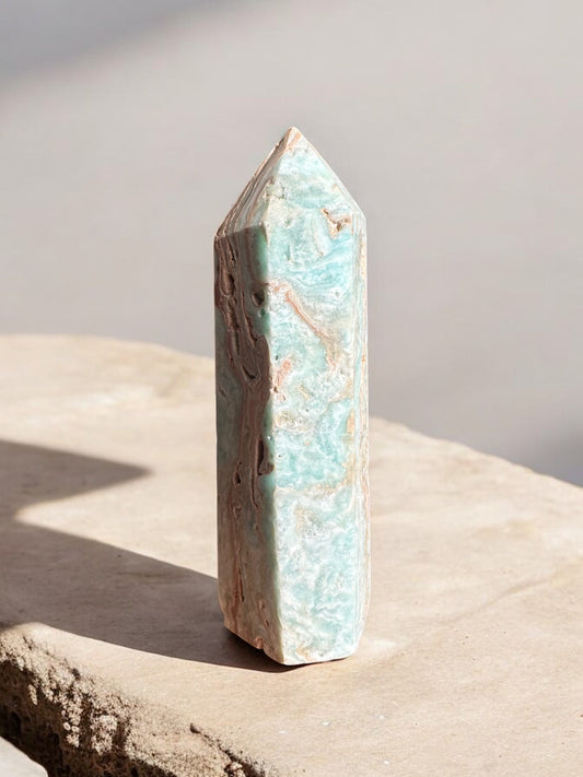 Blue aragonite crystal tower