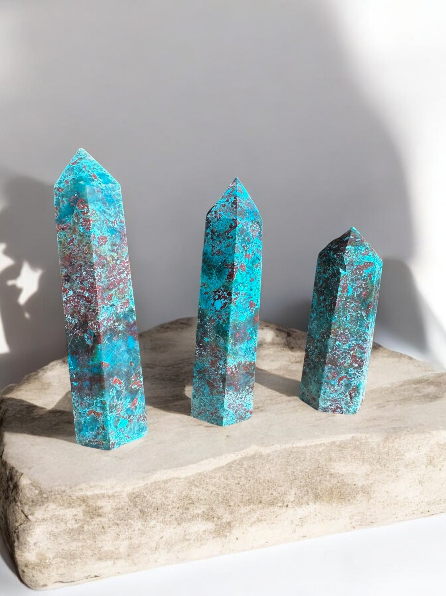 Chrysocolla crystal towers on a slab