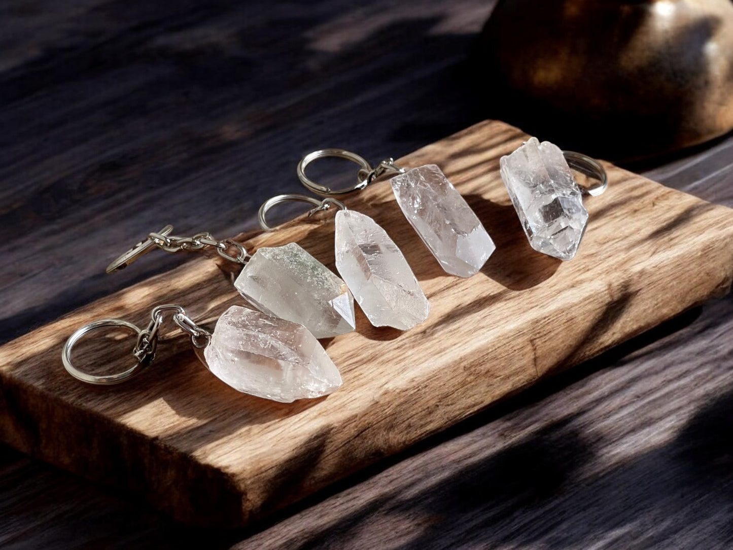 Clear quartz crystal key chains
