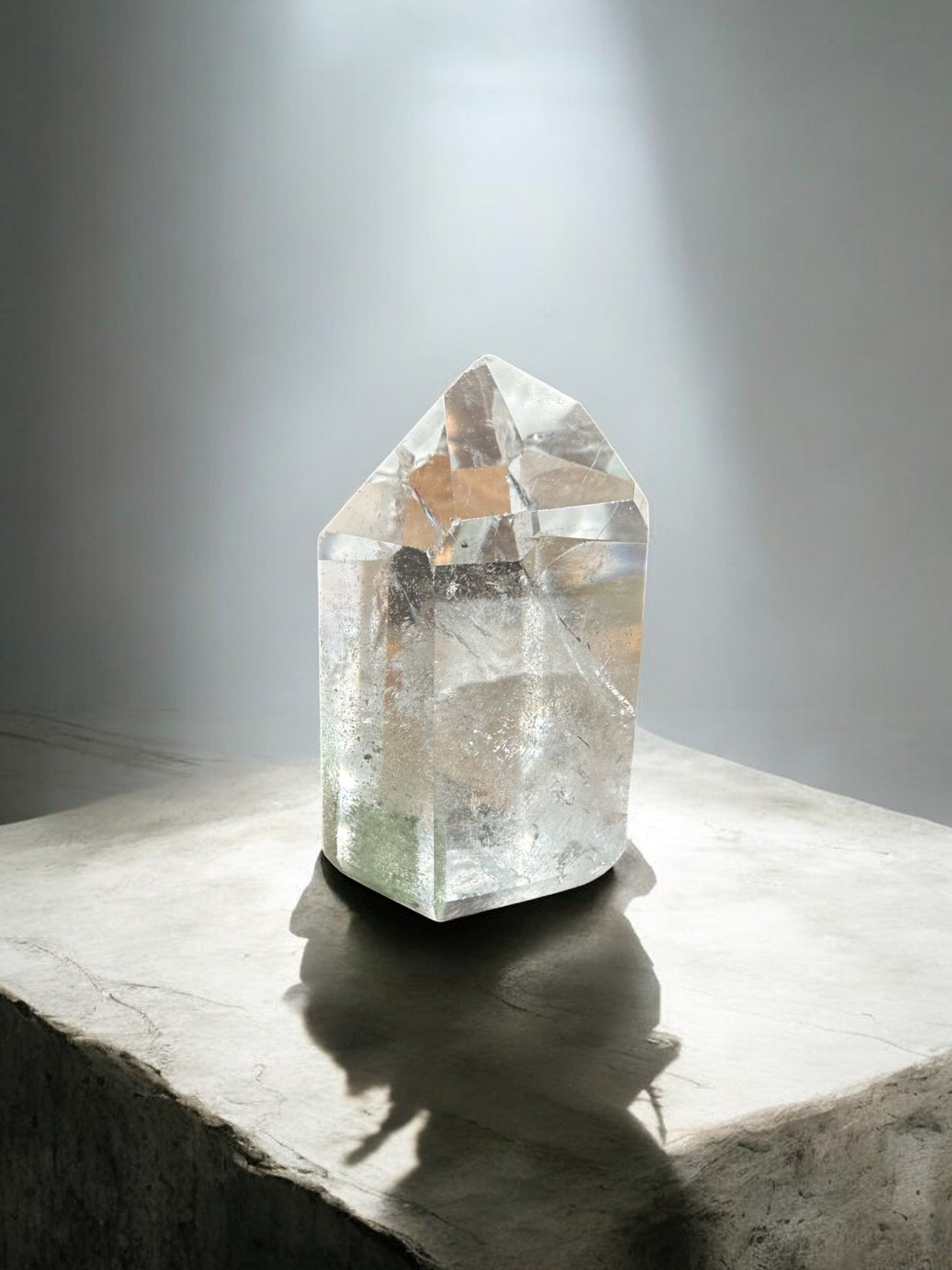 Clear quartz crystal tower on a concrete slab