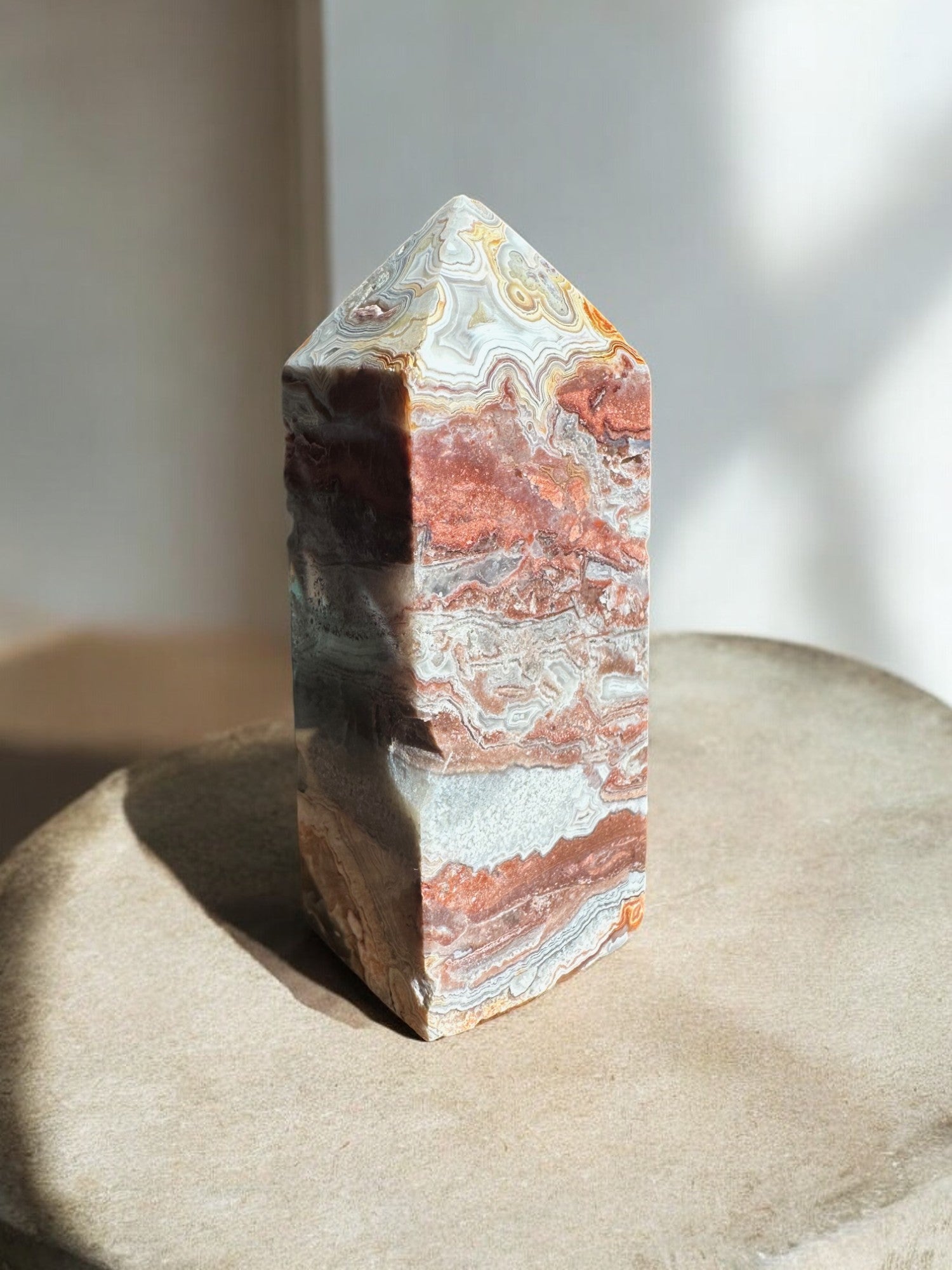 Crazy lace agate crystal obelisk with druzy