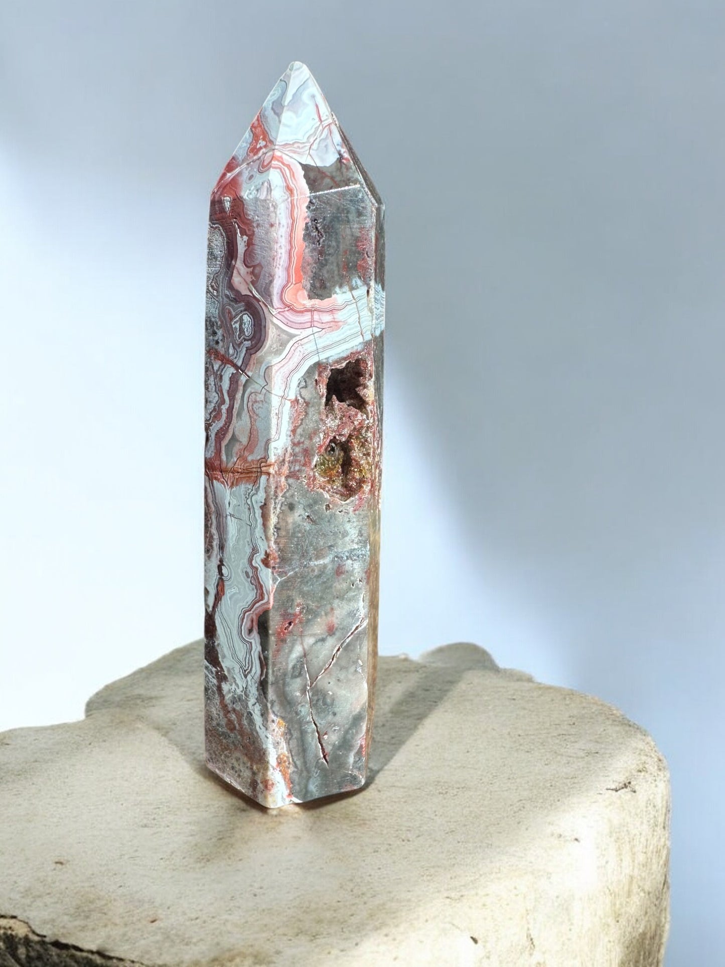 Crazy lace agate crystal tower option ML3 front view with hole