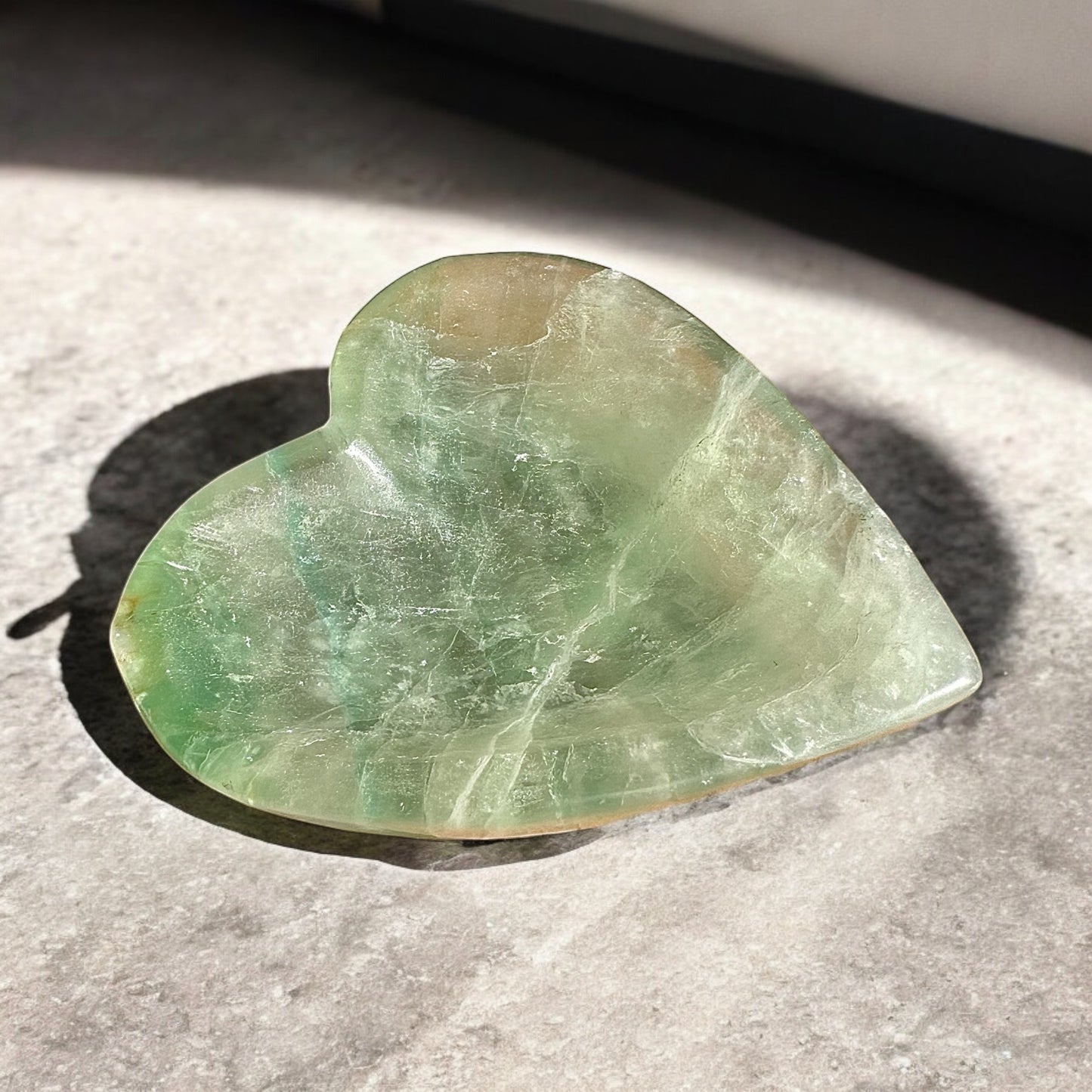 Green fluorite crystal bowl heart shaped