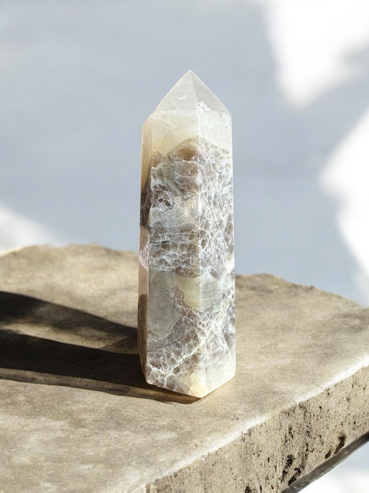 Green moonstone crystal tower