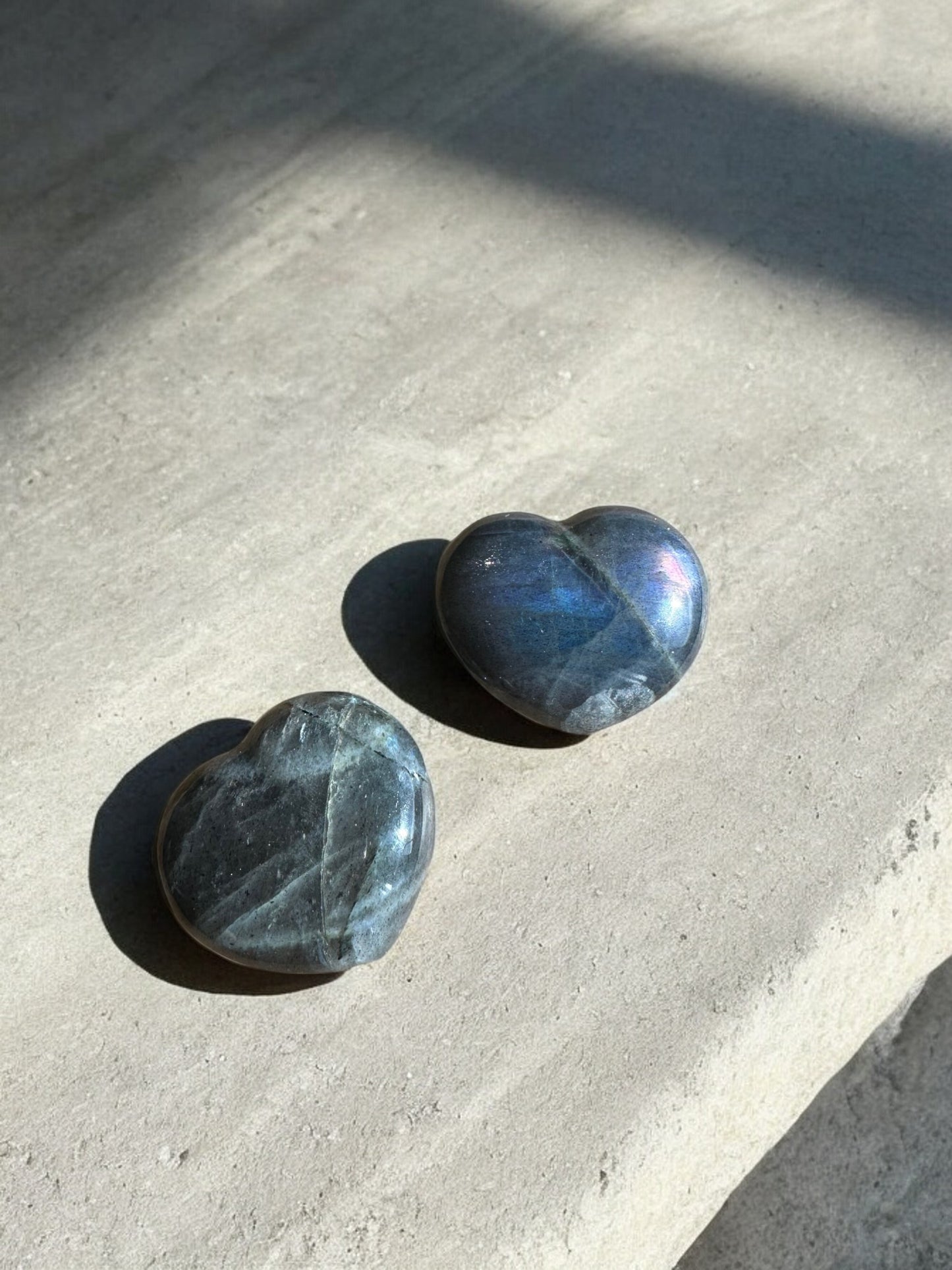 Labradorite crystal hearts in gem grade