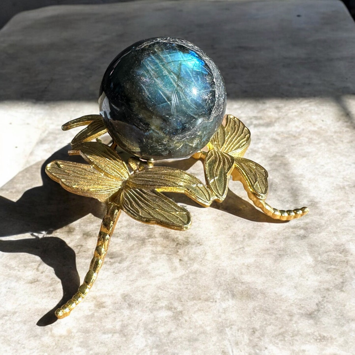 labradorite sphere gold flash back view