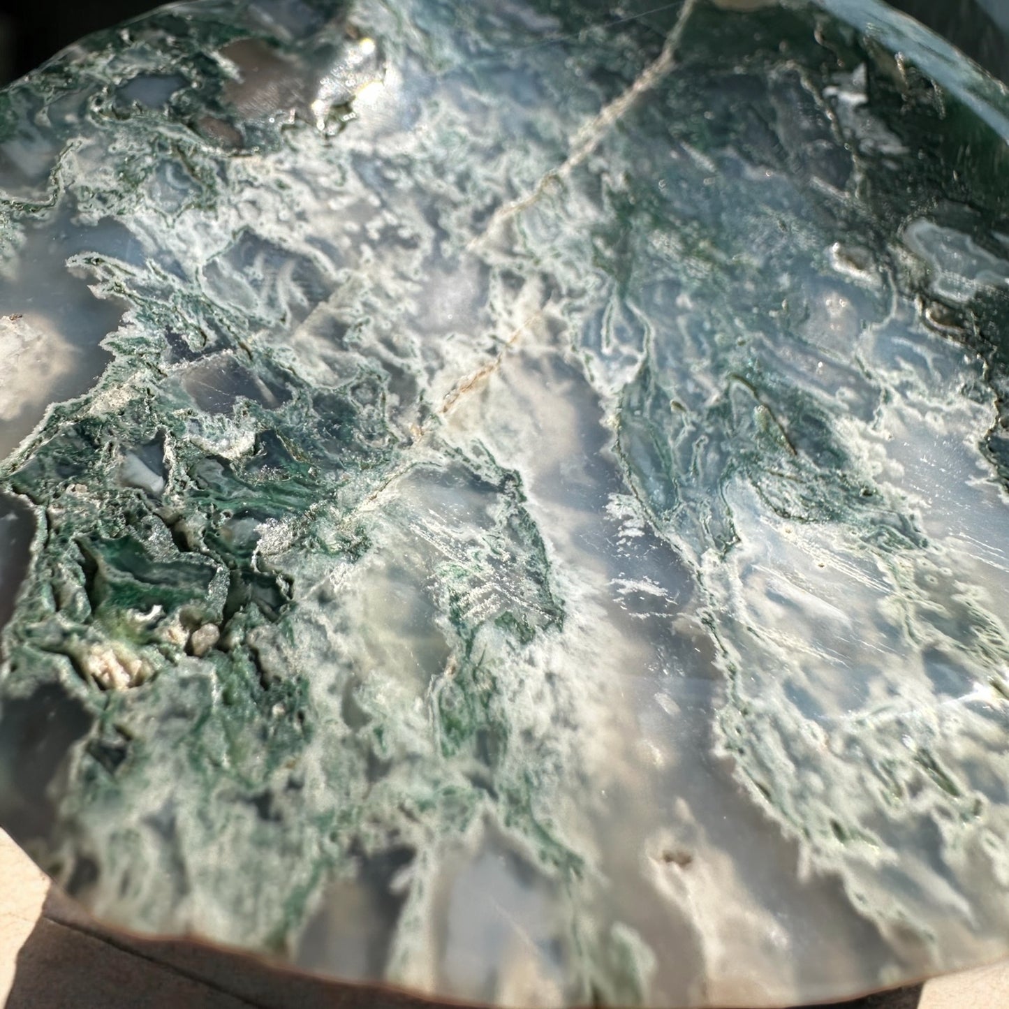 moss agate crystal bowl close up view