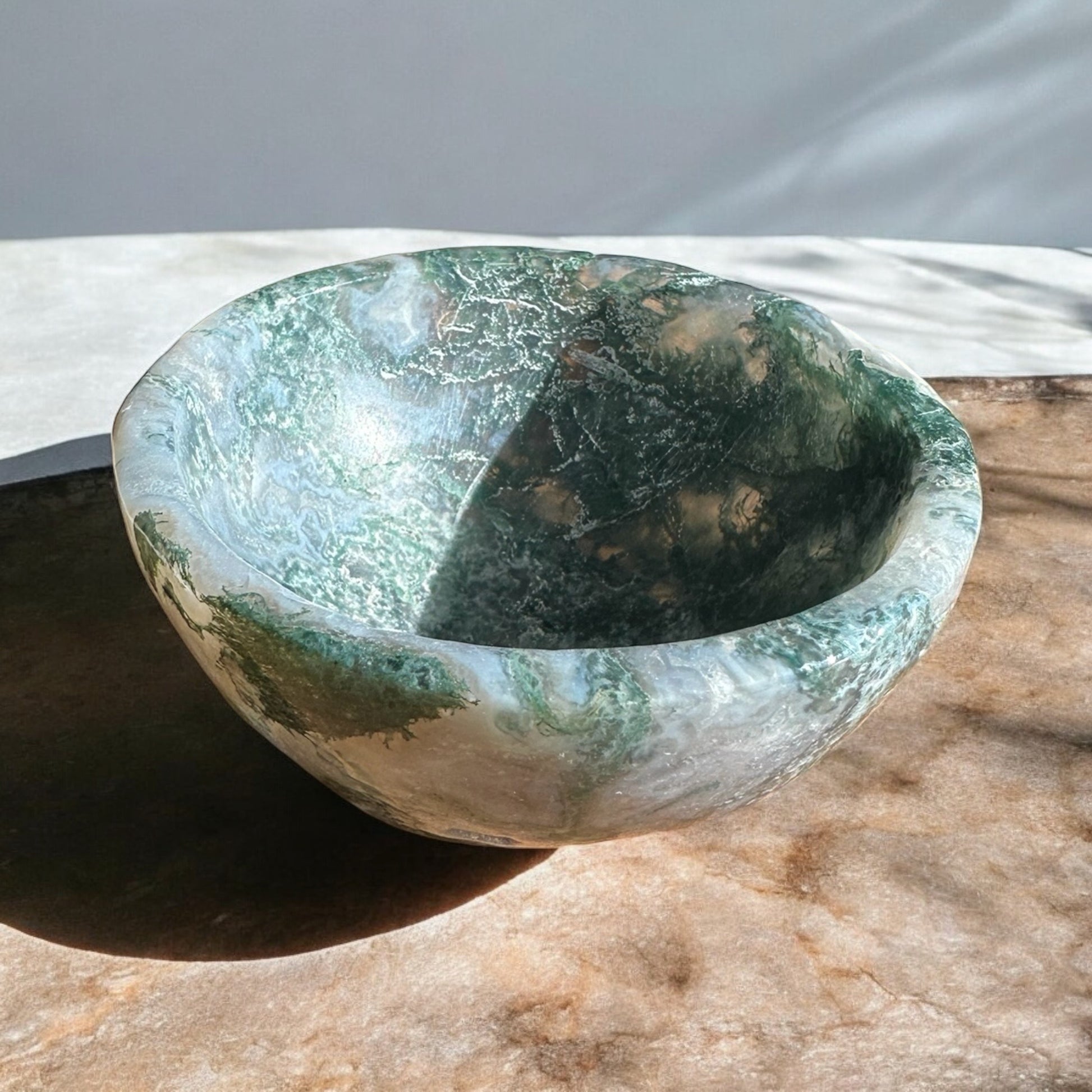 moss agate crystal bowl round shape