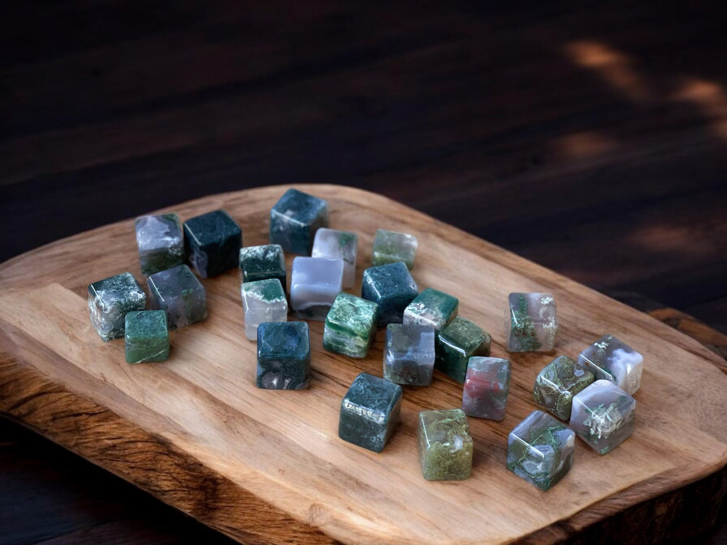 Moss agate crystal cubes on a slab