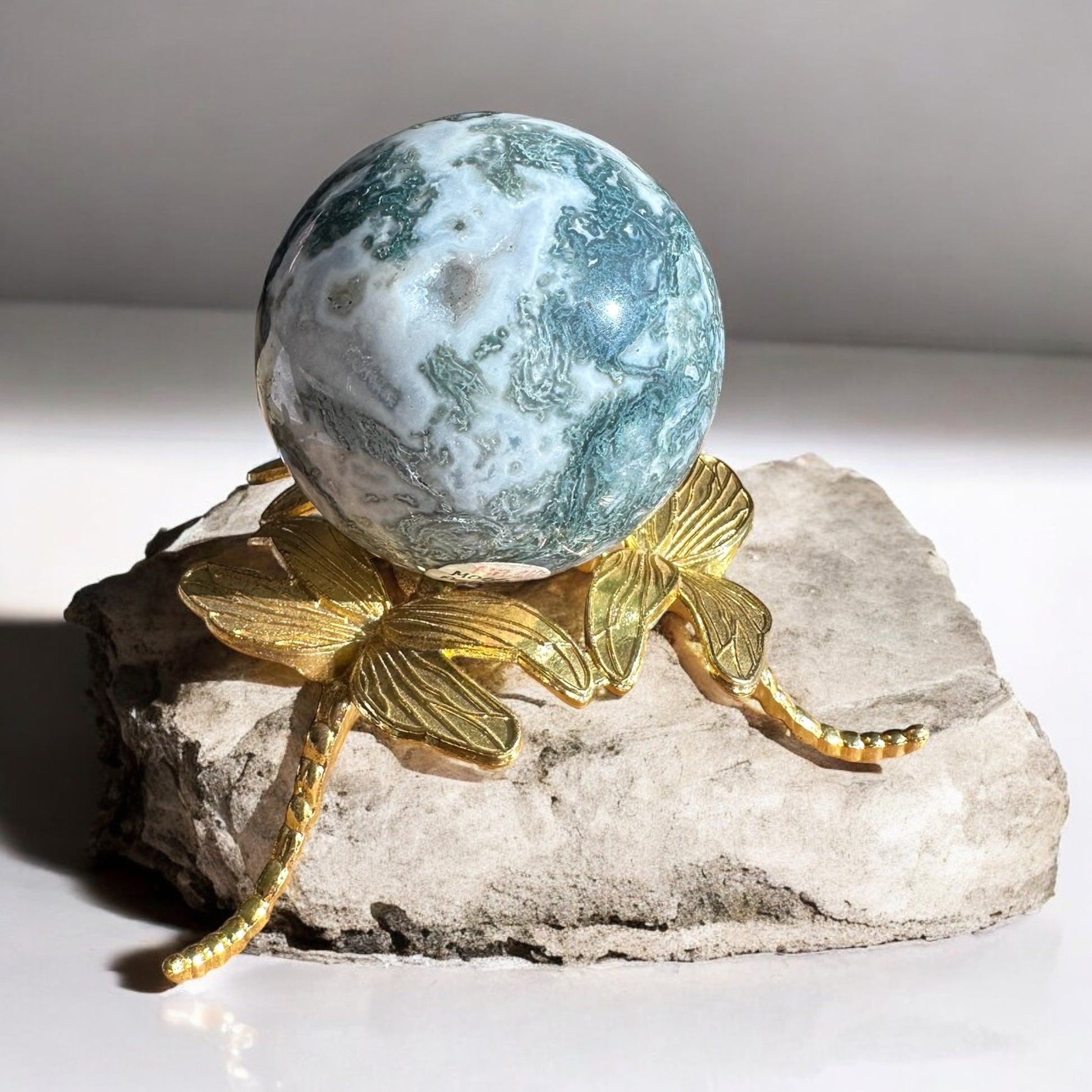 moss agate crystal sphere back view