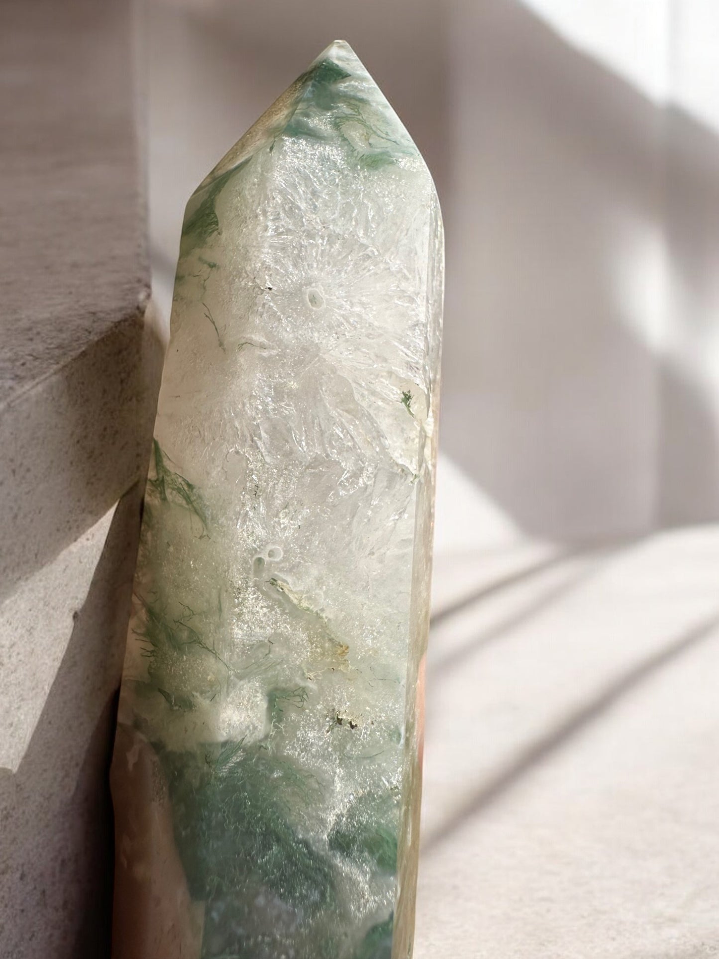 Moss agate crystal tower with druzy