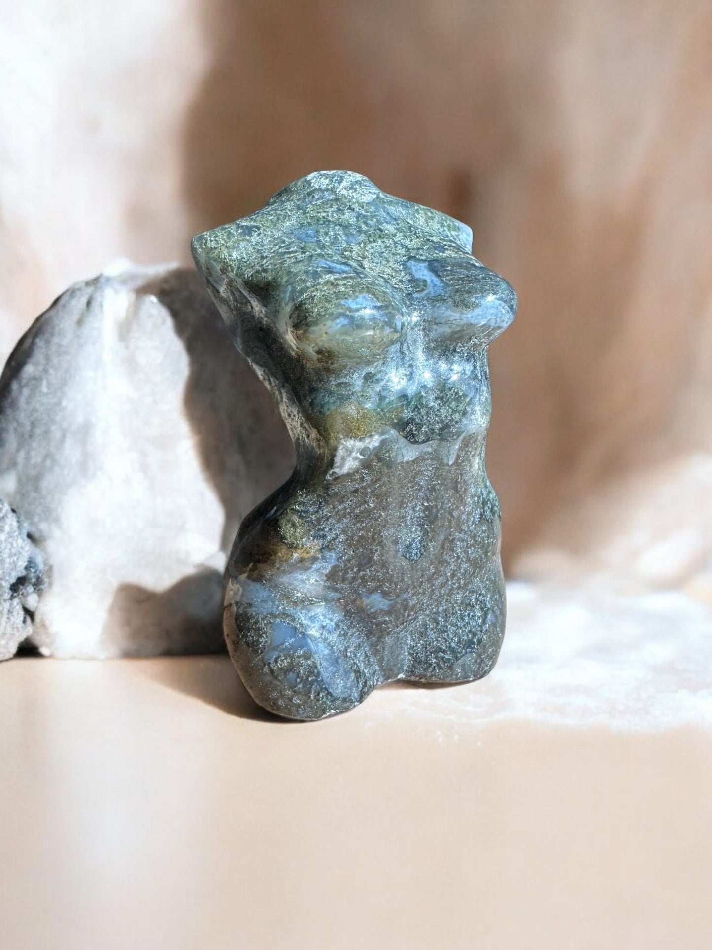 Moss agate goddess crystal figurine