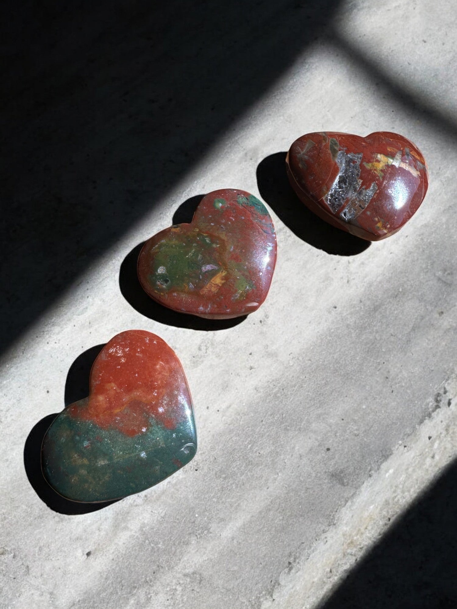 Ocean jasper crystal hearts in a row