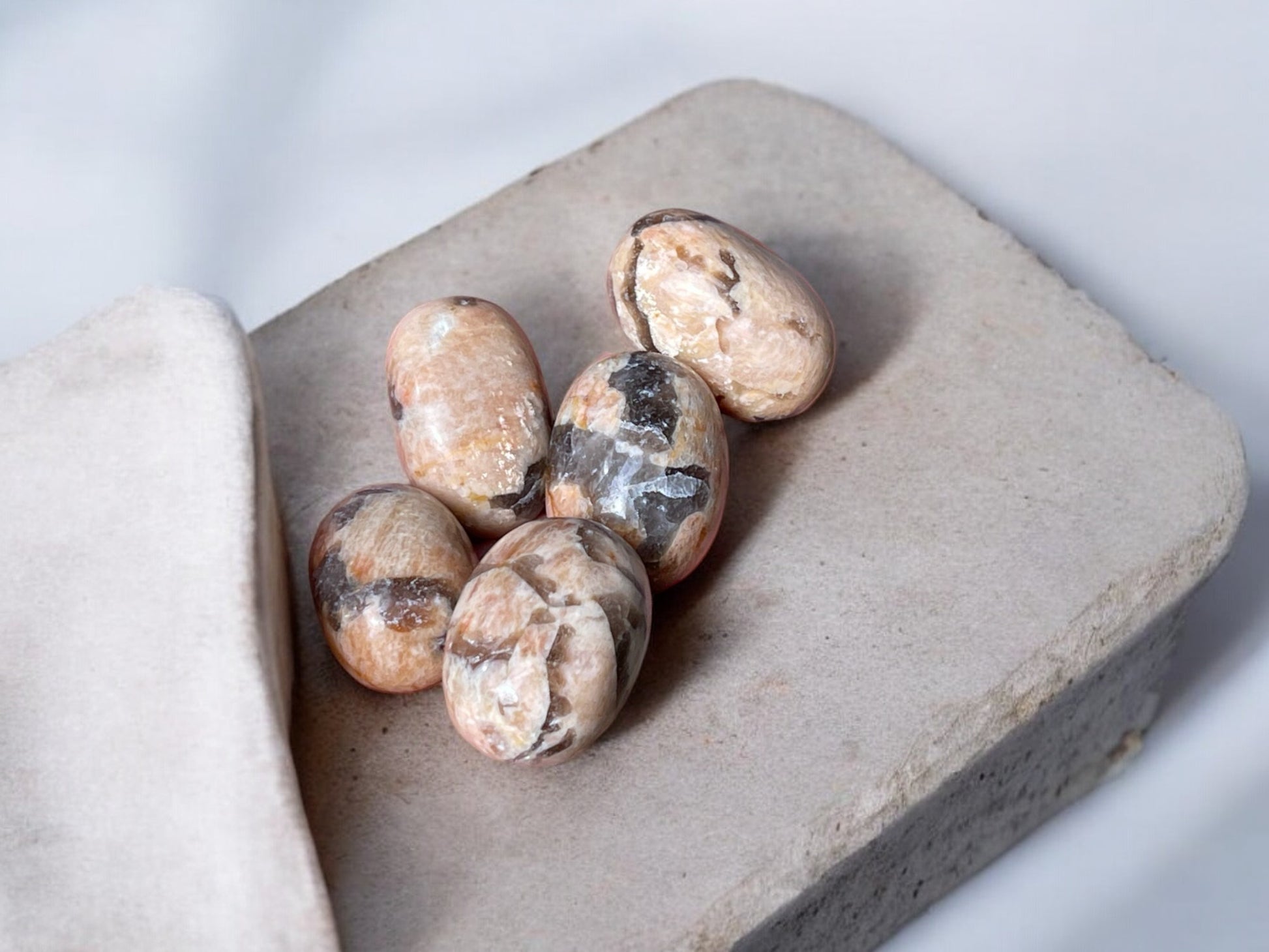 peach moonstone with smoky quartz tumbled stones