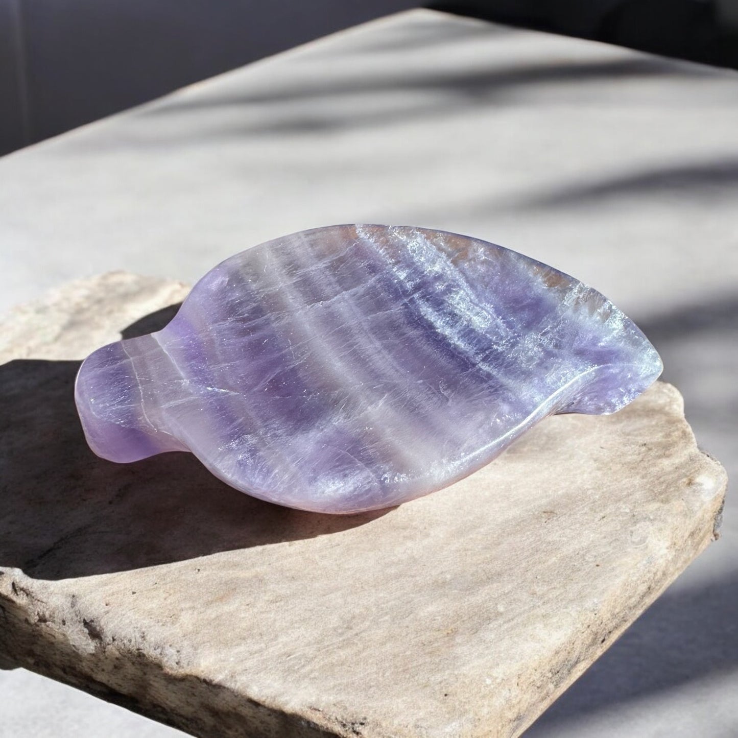 Purple fluorite crystal bowl leaf shape